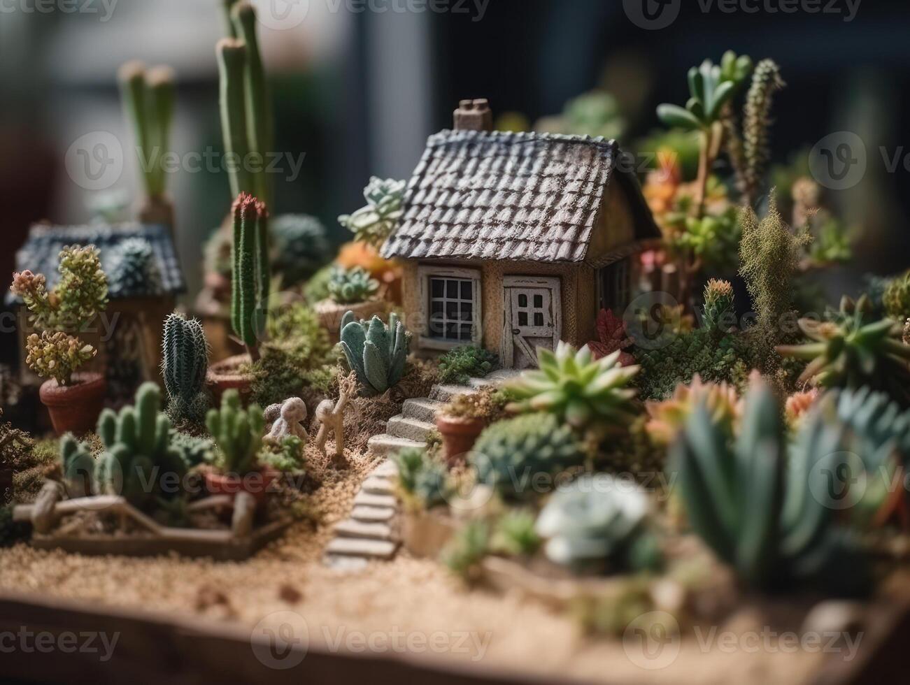 Fantasy Miniature home flowers succulents and cactus in the garden Created with technology photo