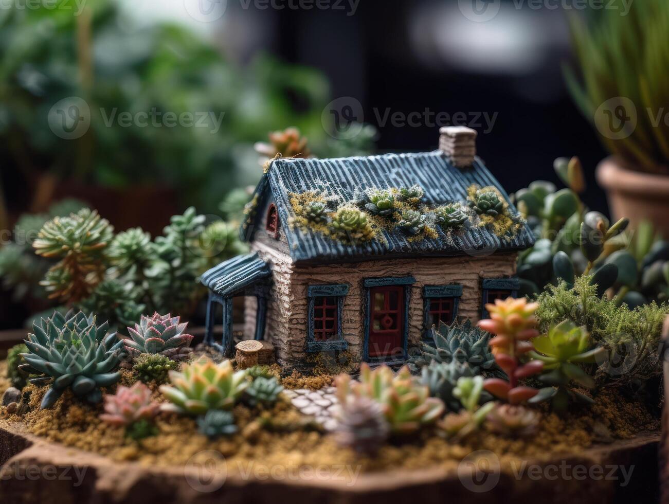 Fantasy Miniature home flowers succulents and cactus in the garden Created with technology photo