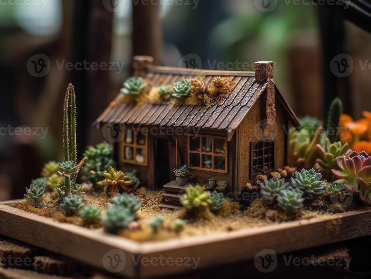 Fantasy Miniature home flowers succulents and cactus in the garden Created with technology photo