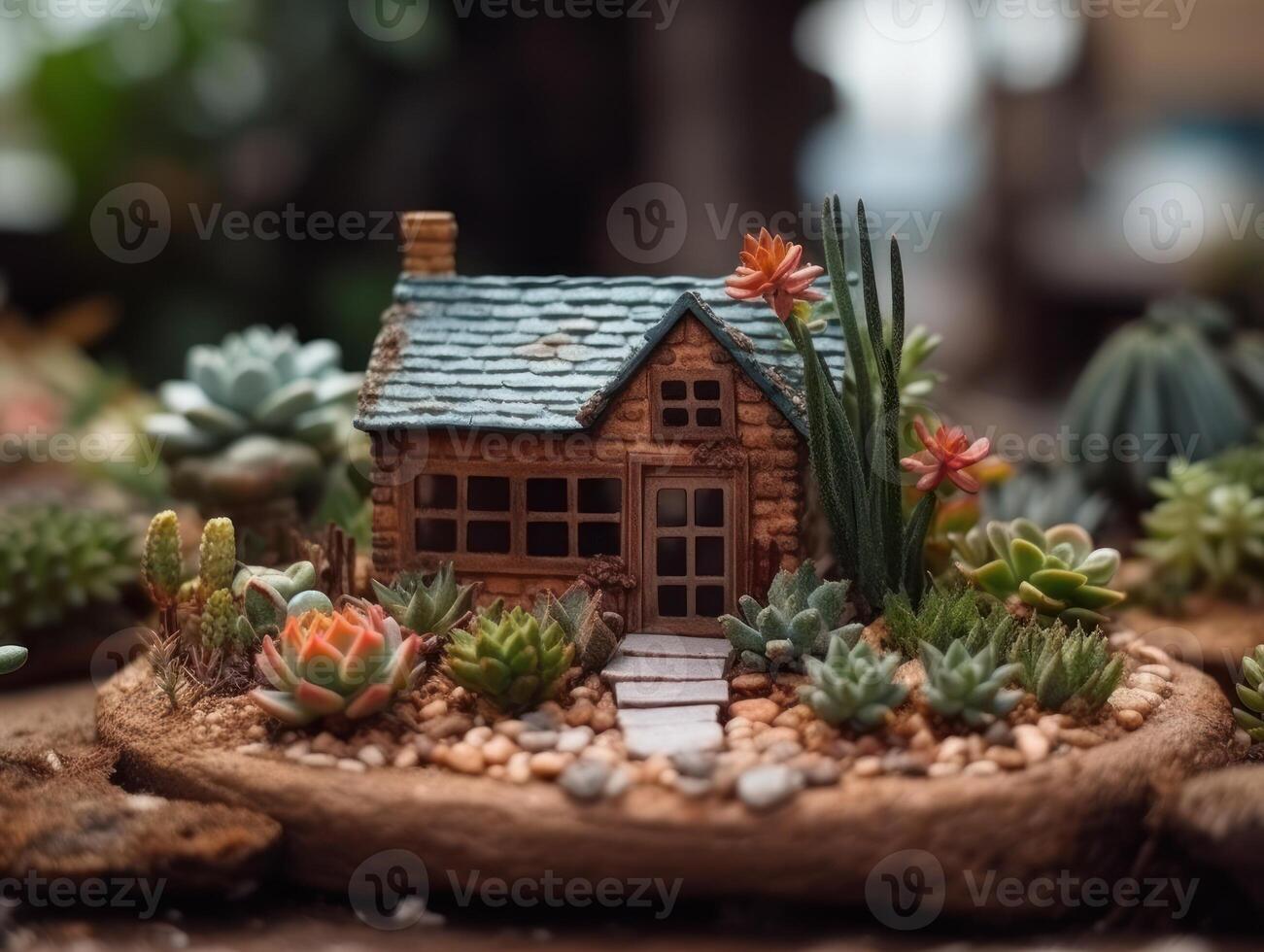 Fantasy Miniature home flowers succulents and cactus in the garden Created with technology photo