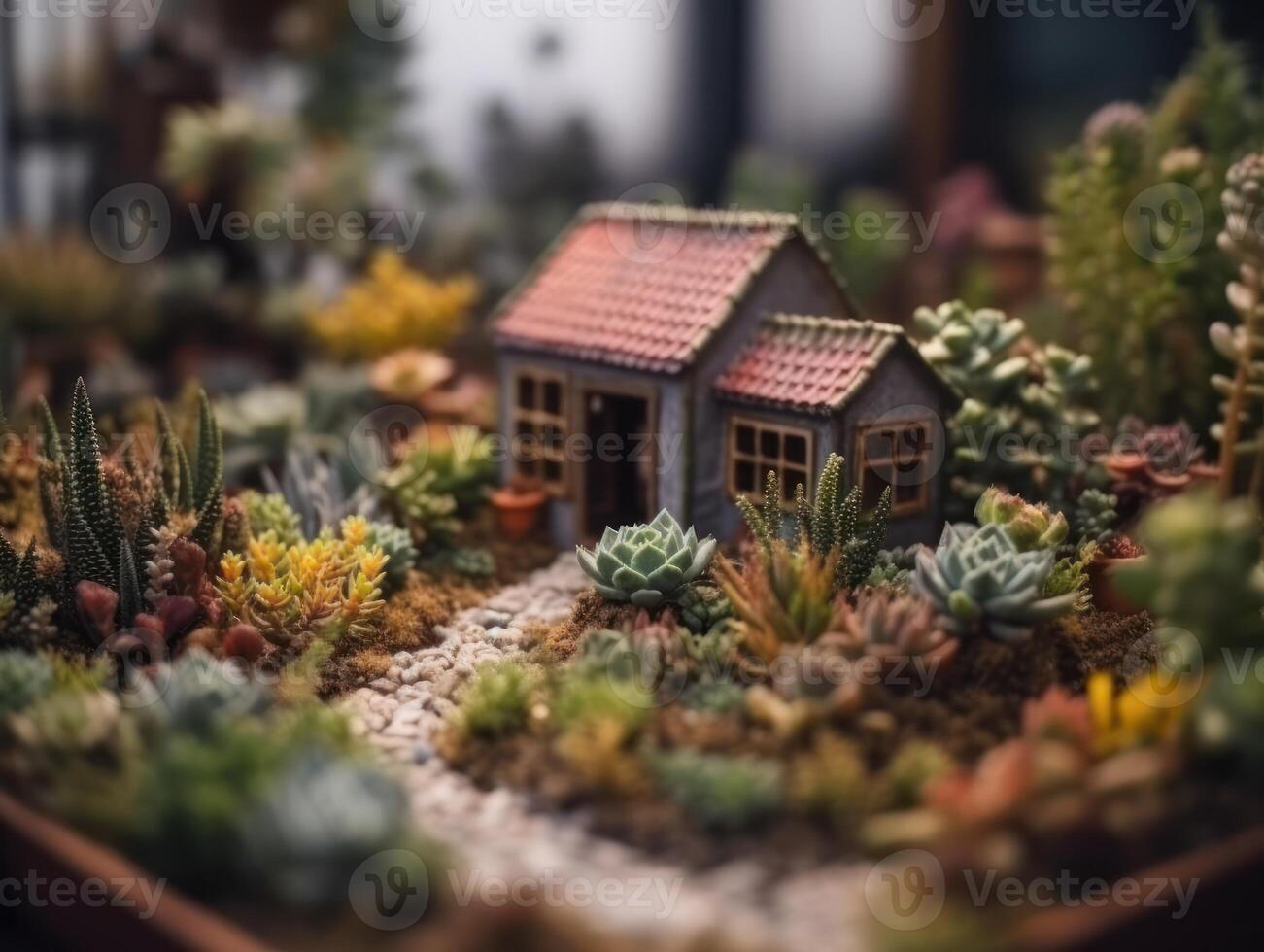 Fantasy Miniature home flowers succulents and cactus in the garden Created with technology photo