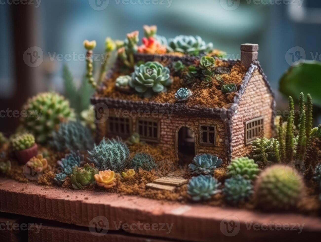 Fantasy Miniature home flowers succulents and cactus in the garden Created with technology photo