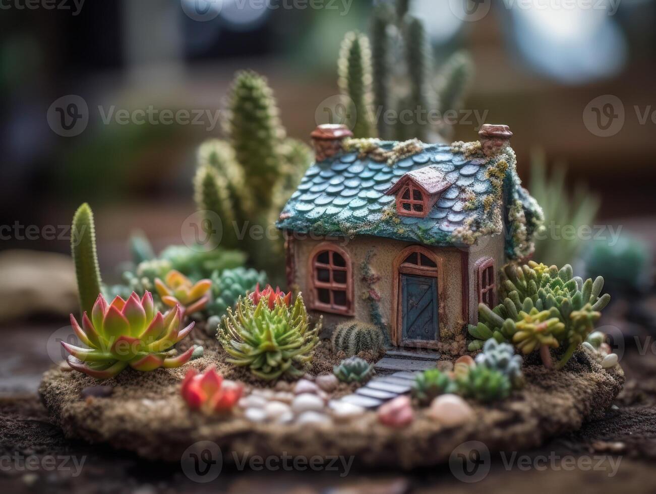 Fantasy Miniature home flowers succulents and cactus in the garden Created with technology photo