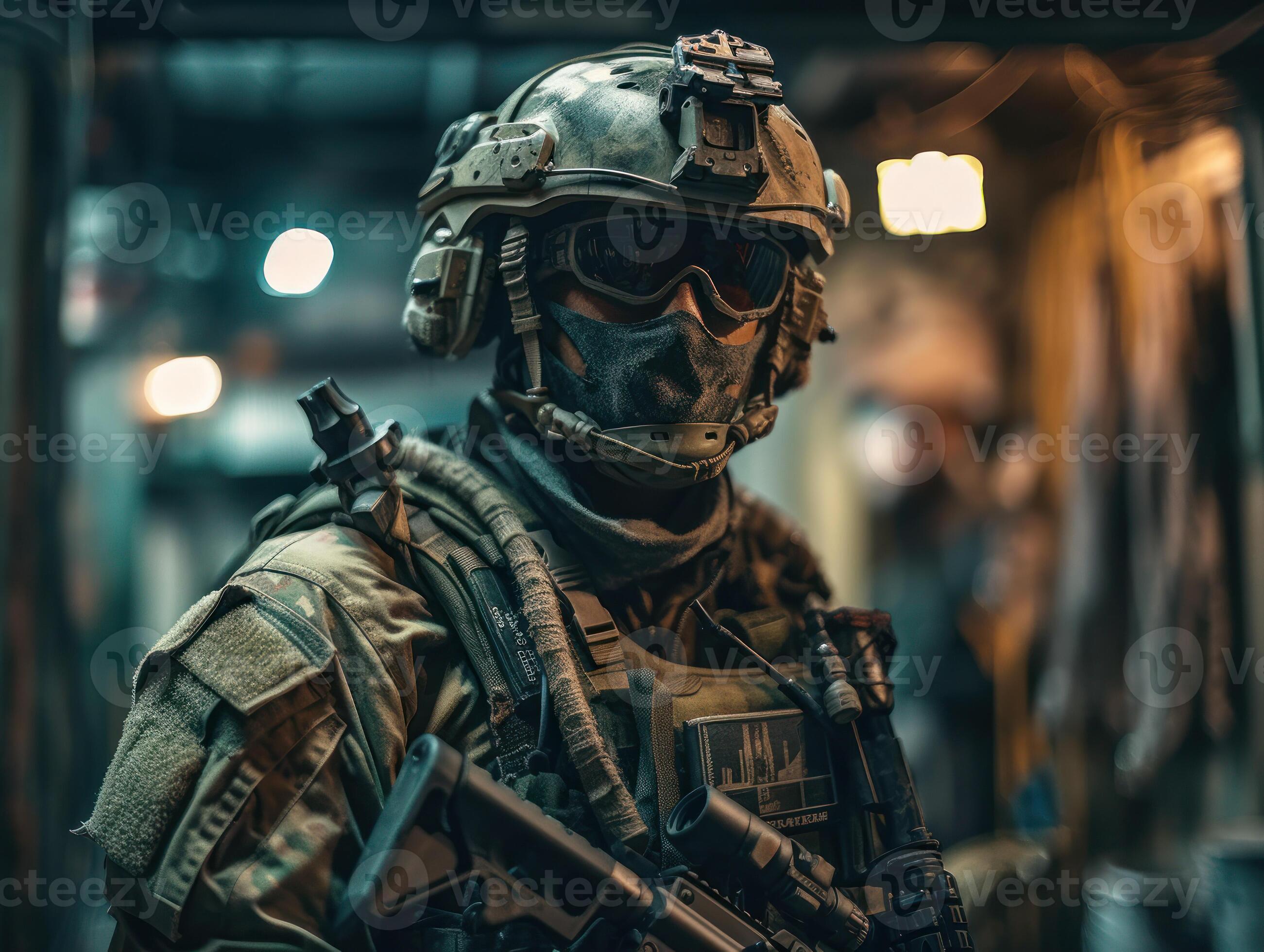 United States Army Special forces soldier in uniform and helmet with assault rifle Created with