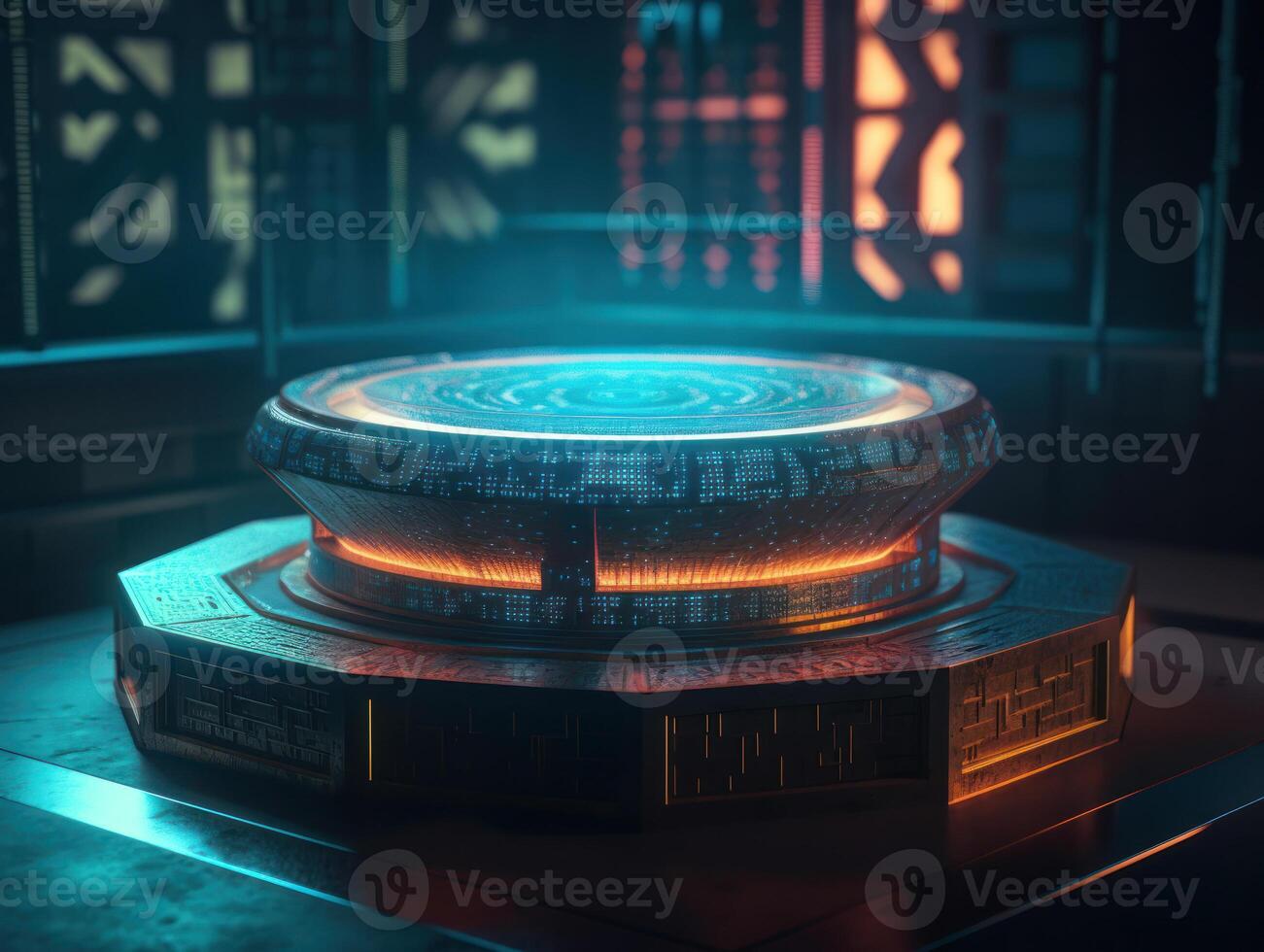 Futuristic sci-fi room with neon lights Round podium created with technology. photo