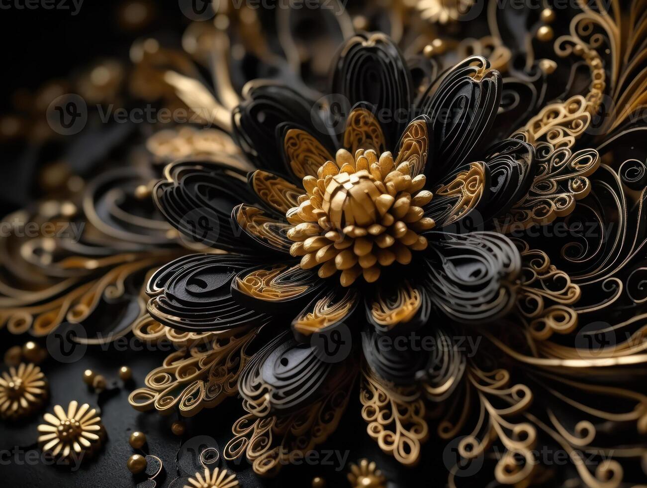 Paper made flowers Quilling craft technic black and gold abstract background lines Created with technology photo