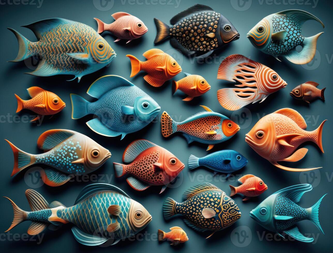 Group of colorful fishes on dark background Created with technology photo