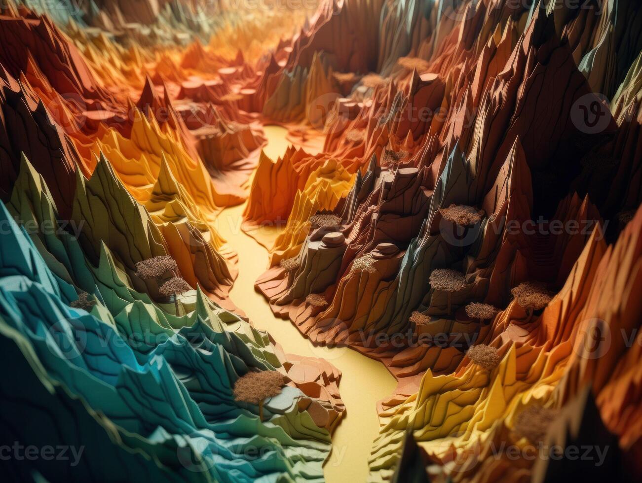 Colorful paper cut terrain mountains background created with technology. photo