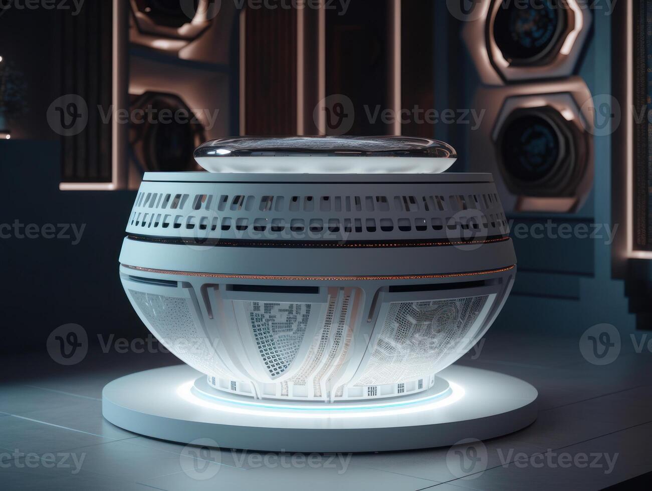 Futuristic sci-fi room with neon lights Round podium created with technology. photo