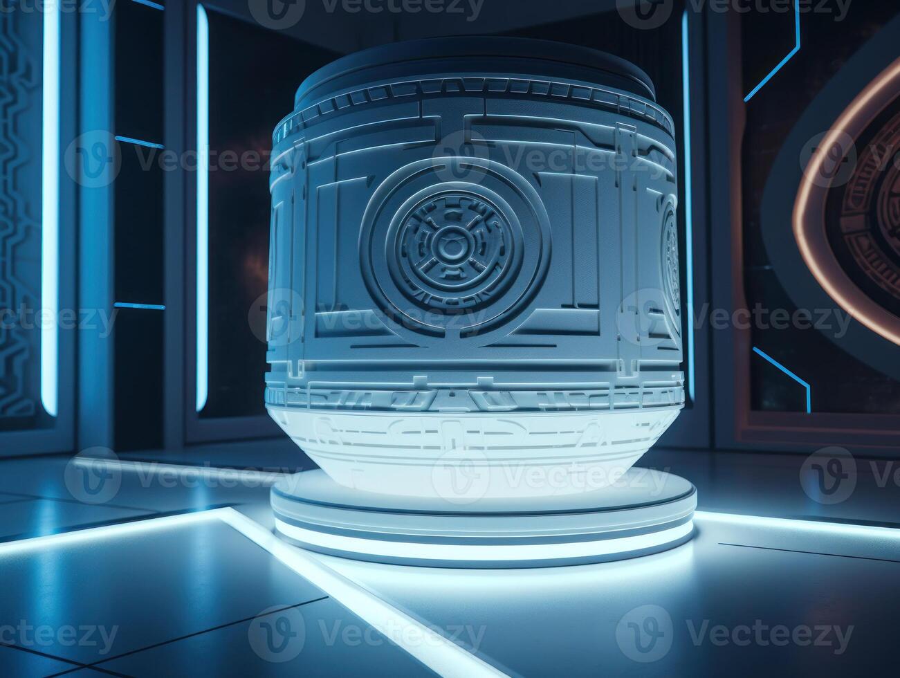 Futuristic sci-fi room with neon lights Round podium created with technology. photo