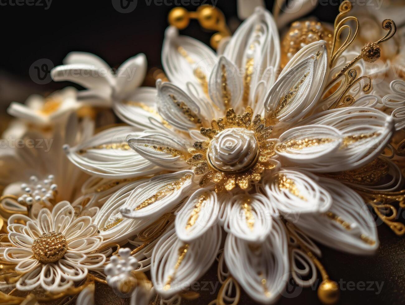Paper made flowers Quilling craft technic white and gold abstract background lines Created with technology photo