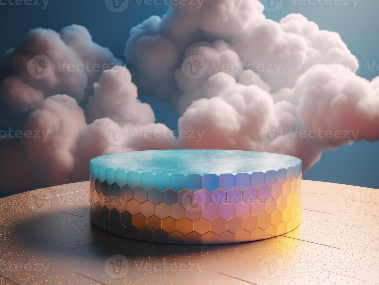 Round podium with clouds and circles created with technology photo