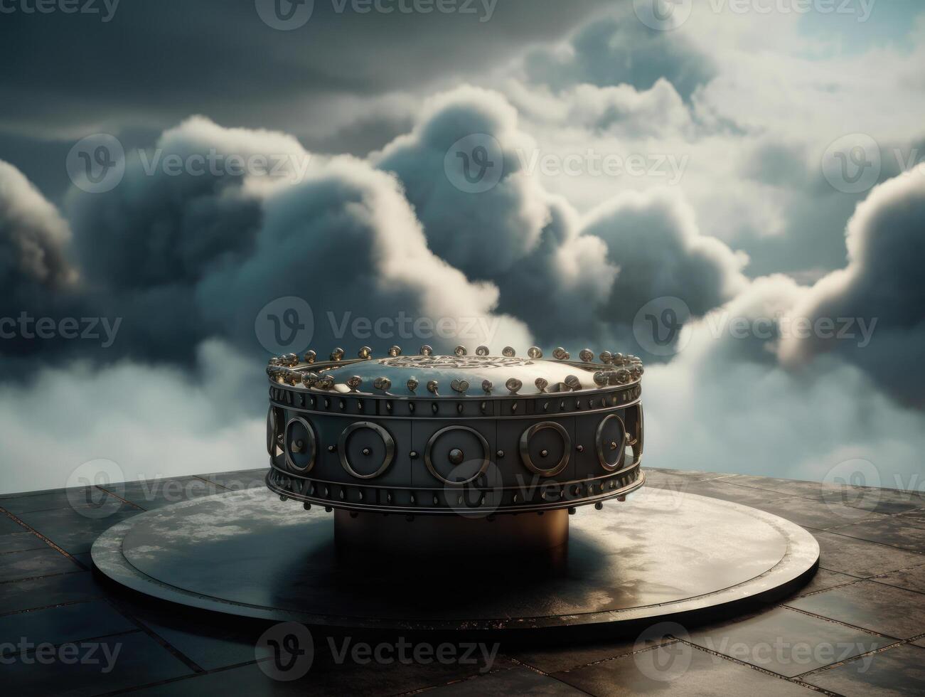 Round podium with clouds and circles created with technology photo