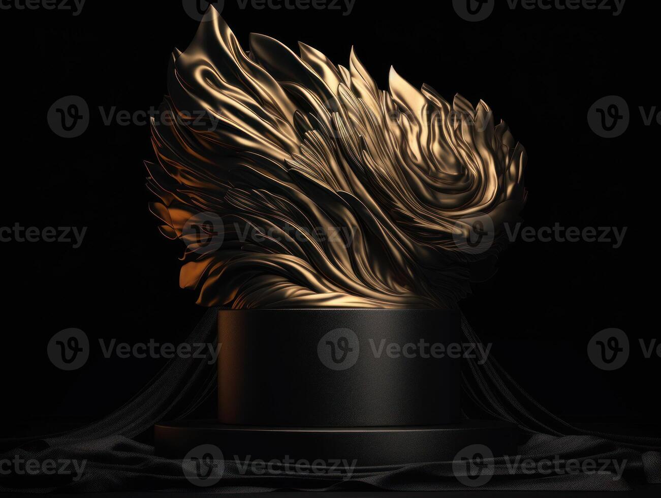 Round podium and circles gold and black created with technology. photo
