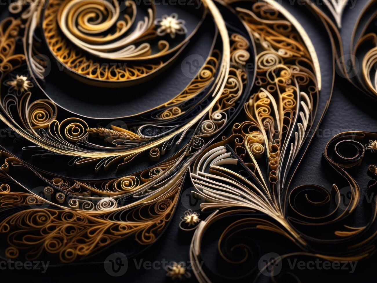 Paper made Quilling craft technic black and gold abstract background lines Created with technology photo