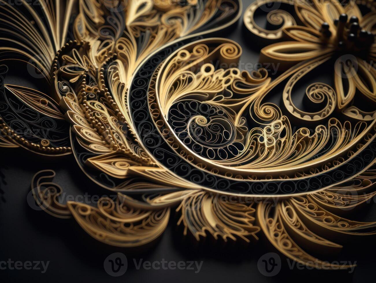 Paper made Quilling craft technic black and gold abstract background lines Created with technology photo