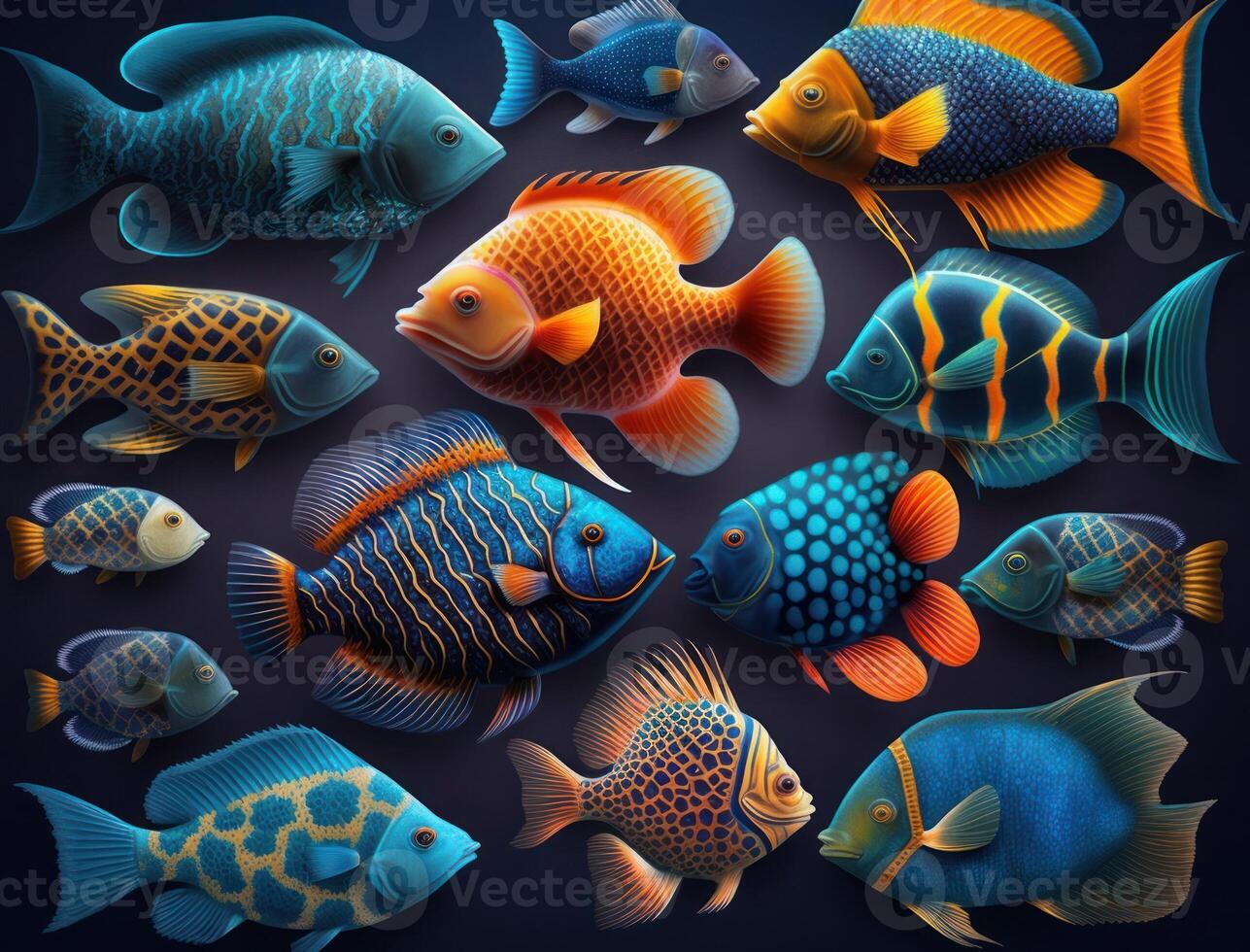 Group of colorful fishes on dark background Created with technology photo