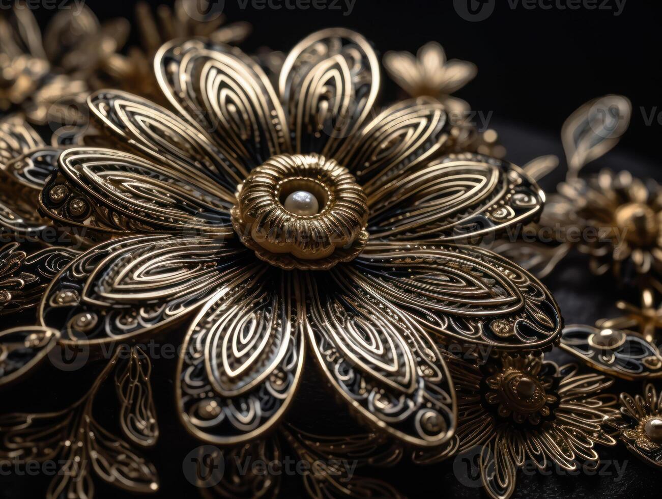 Paper made flowers Quilling craft technic black and gold abstract background lines Created with technology photo