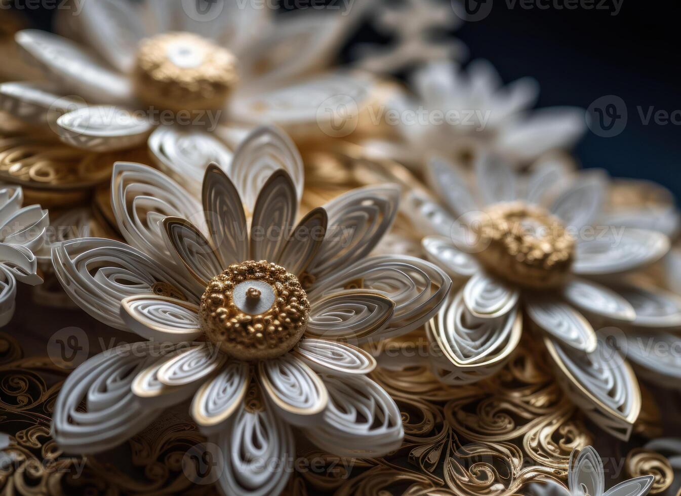 Paper made flowers Quilling craft technic white and gold abstract background lines Created with technology photo