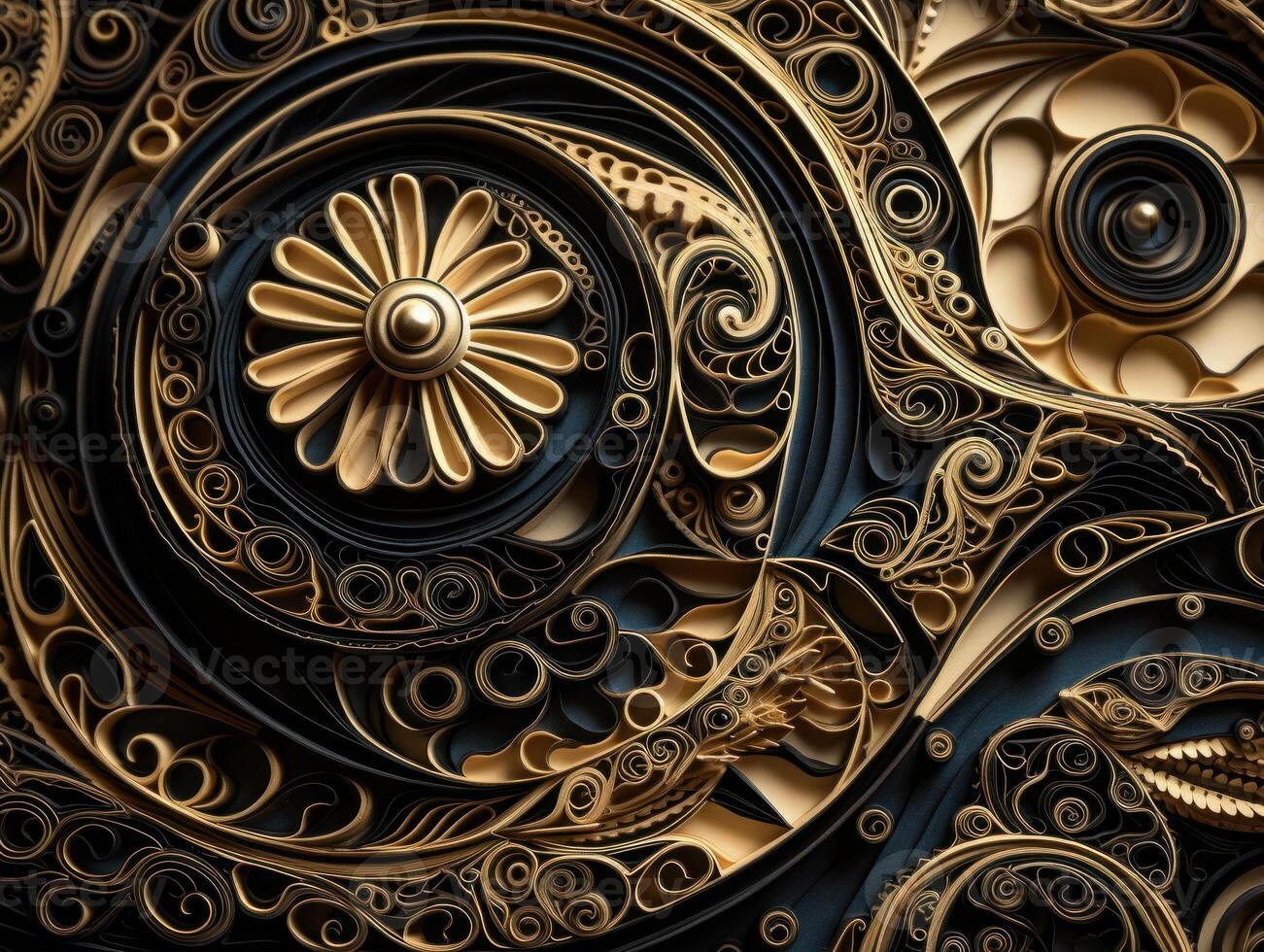 Paper made Quilling craft technic black and gold abstract background lines Created with technology photo