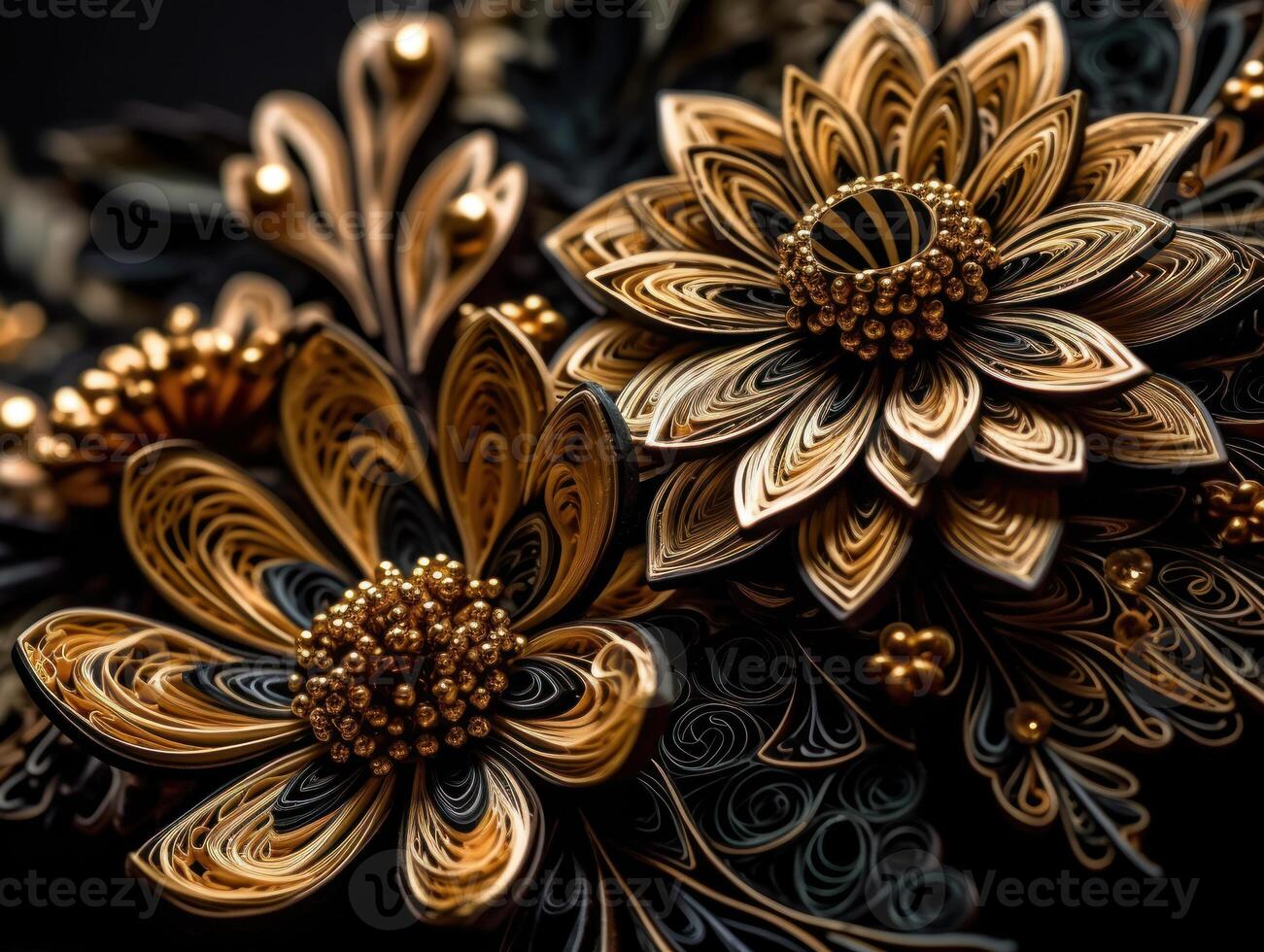 Paper made flowers Quilling craft technic black and gold abstract background lines Created with technology photo