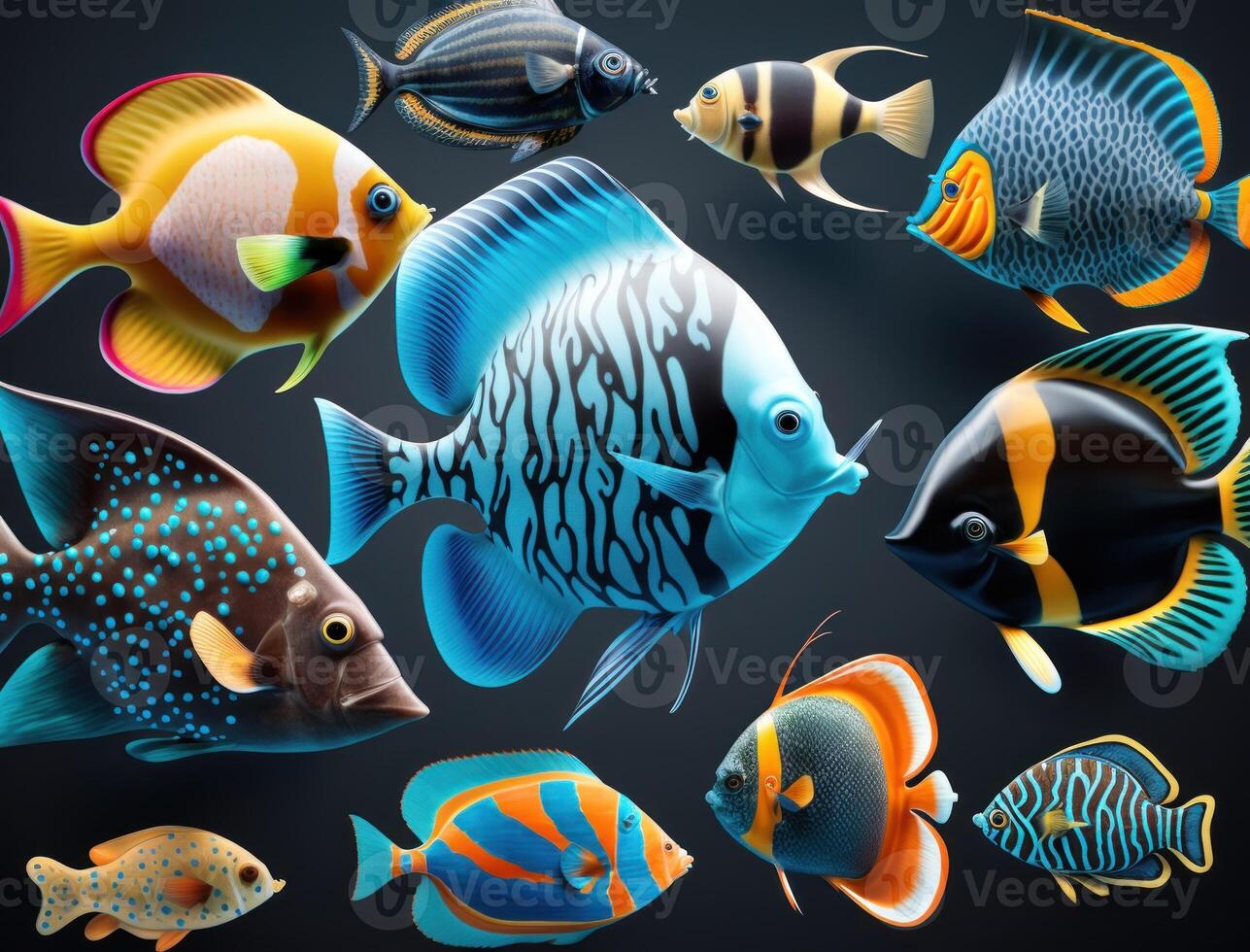 Group of colorful fishes on dark background Created with technology photo