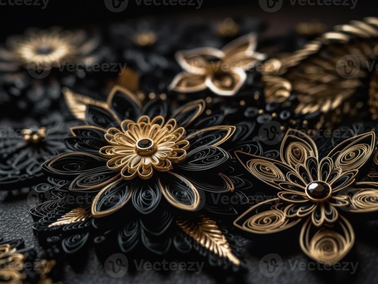 Paper made flowers Quilling craft technic black and gold abstract background lines Created with technology photo