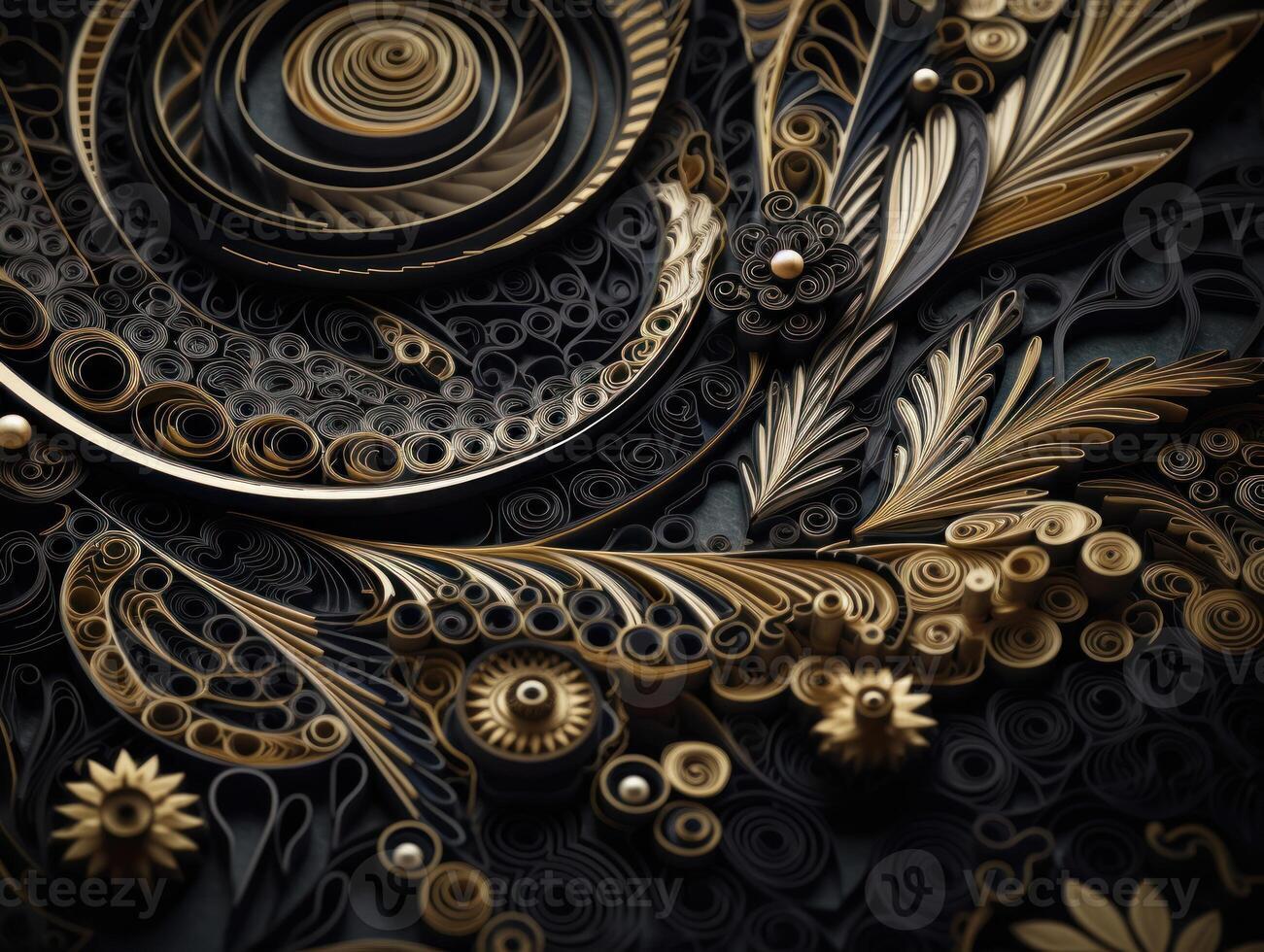 Paper made Quilling craft technic black and gold abstract background lines Created with technology photo