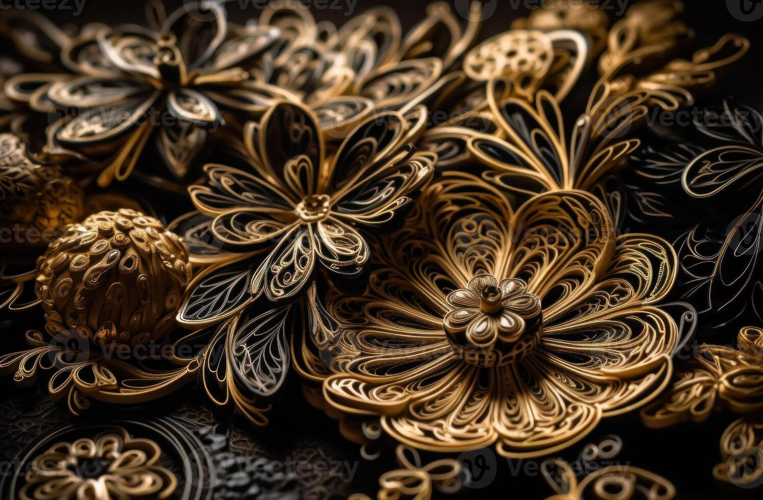 Paper made flowers Quilling craft technic black and gold abstract background lines Created with technology photo