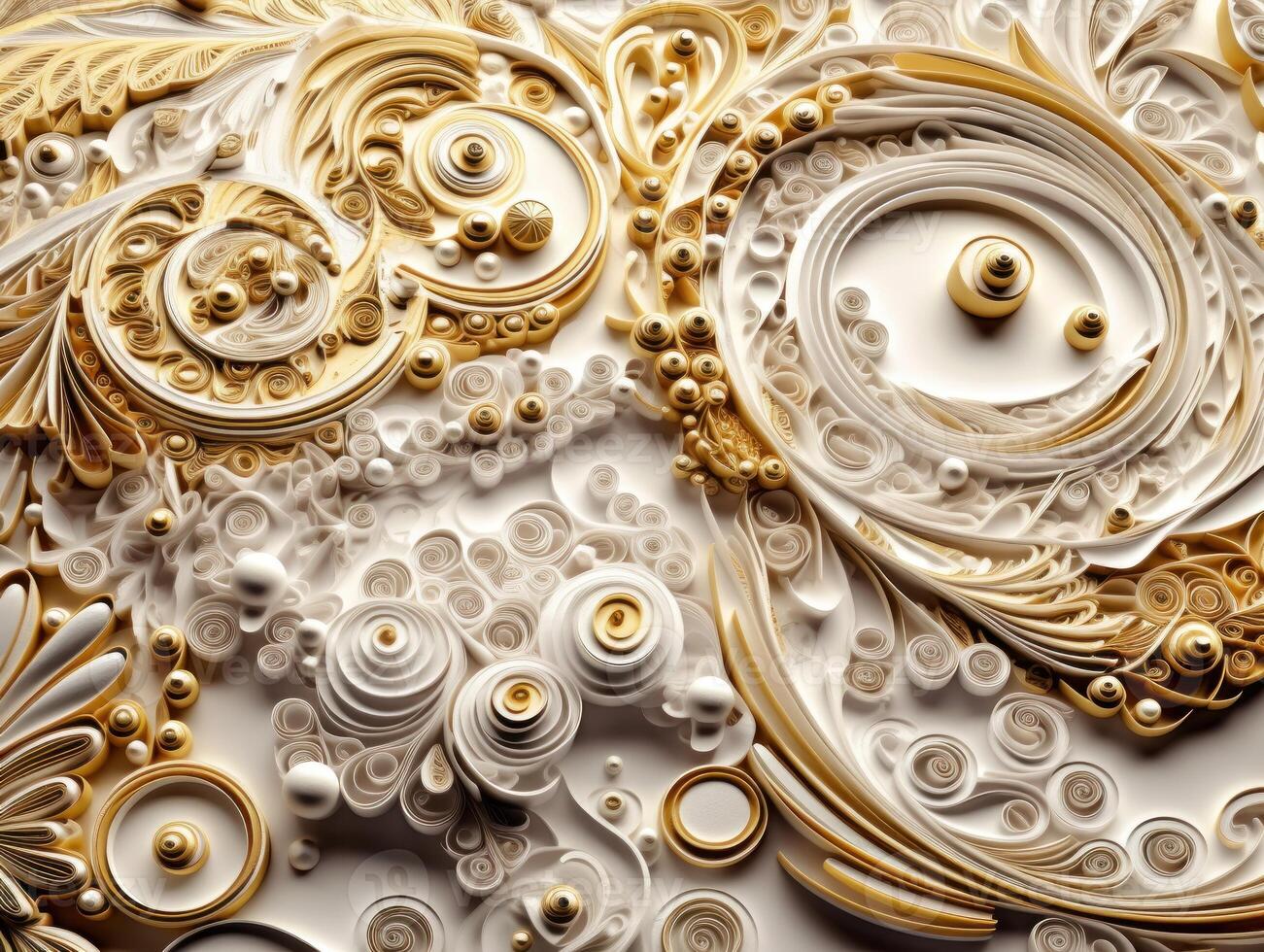 Paper made Quilling craft technic white and gold abstract background lines Created with technology photo