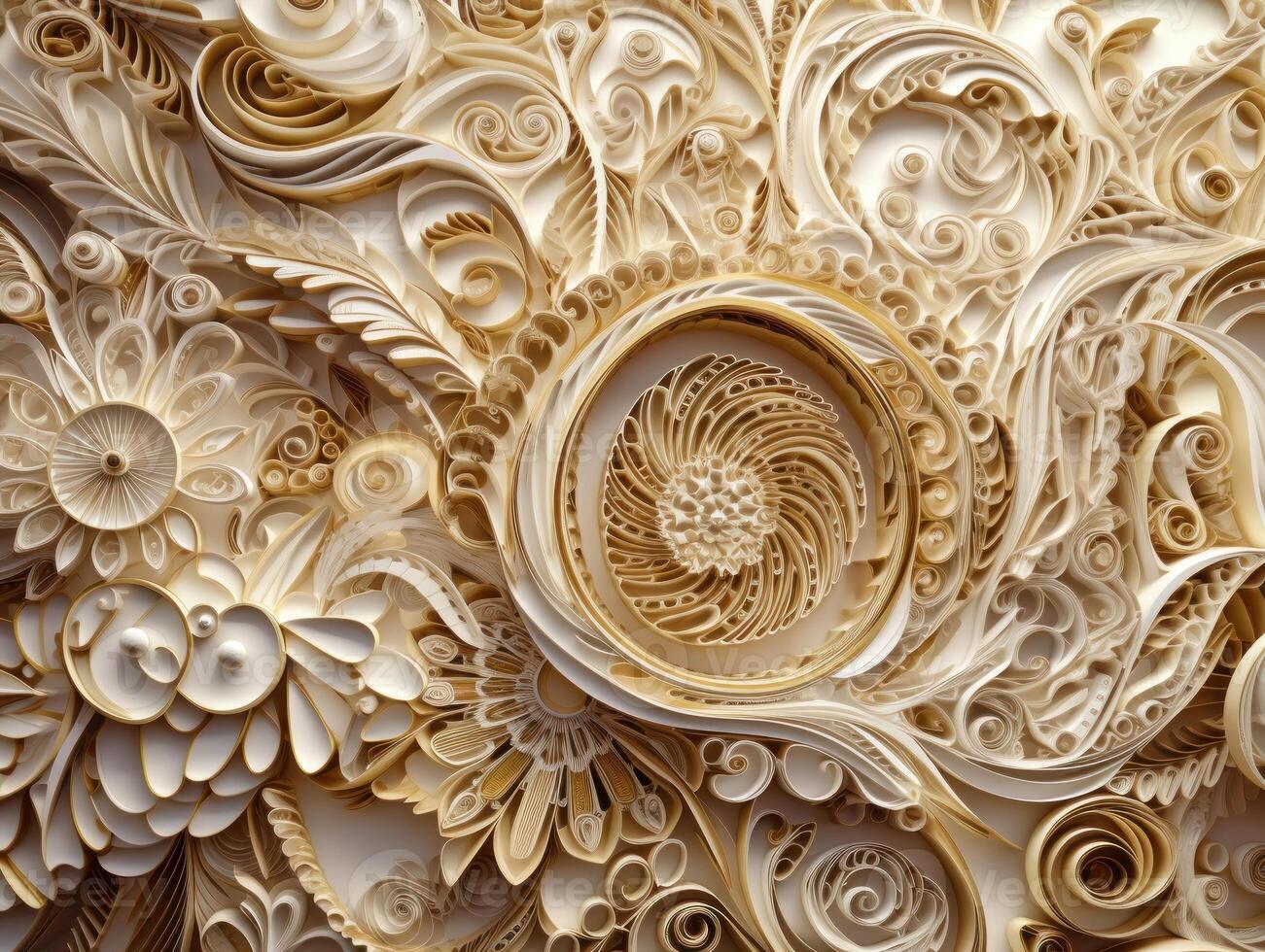 Paper made Quilling craft technic white and gold abstract background lines Created with technology photo