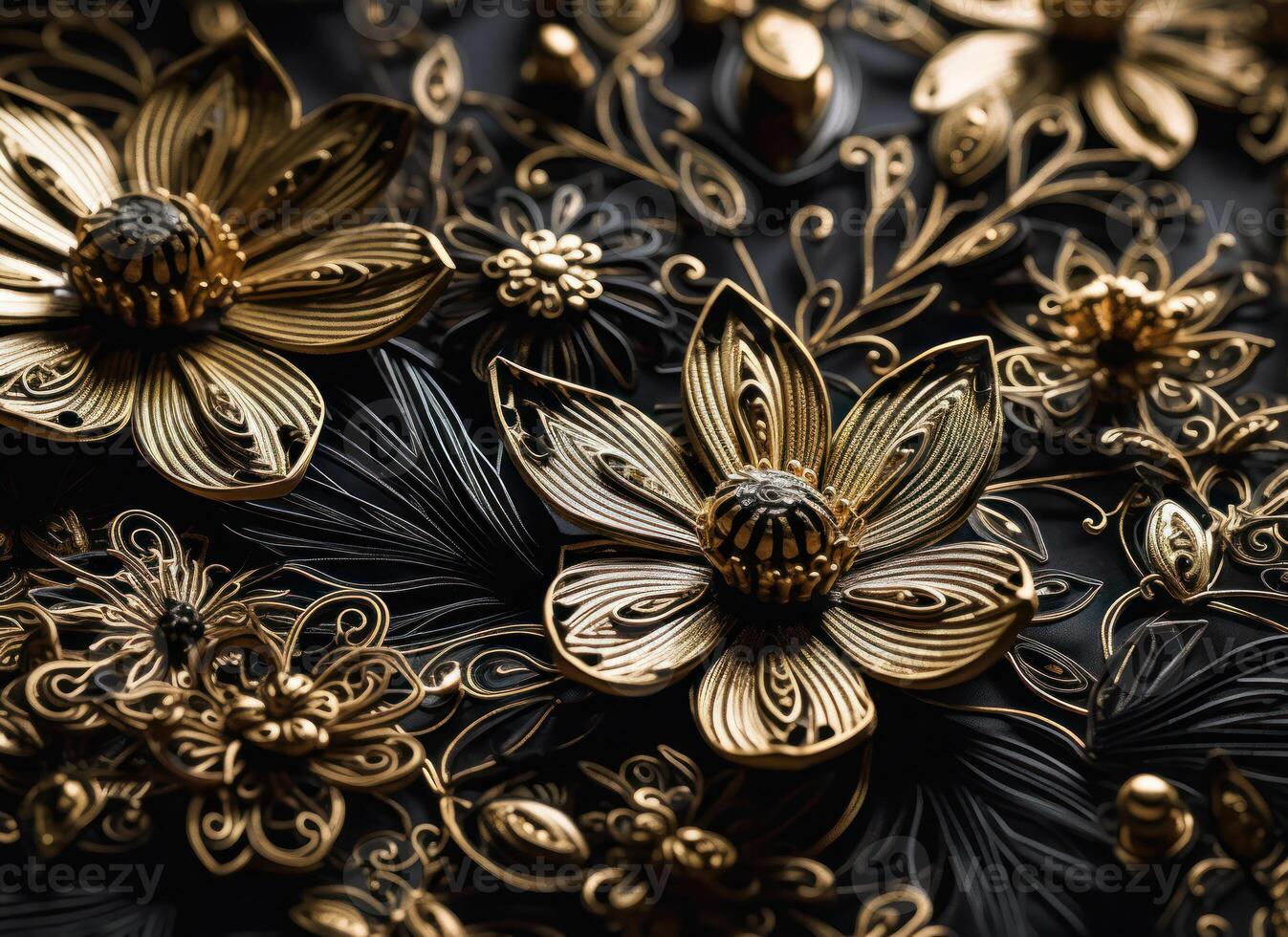 Paper made flowers Quilling craft technic black and gold abstract background lines Created with technology photo