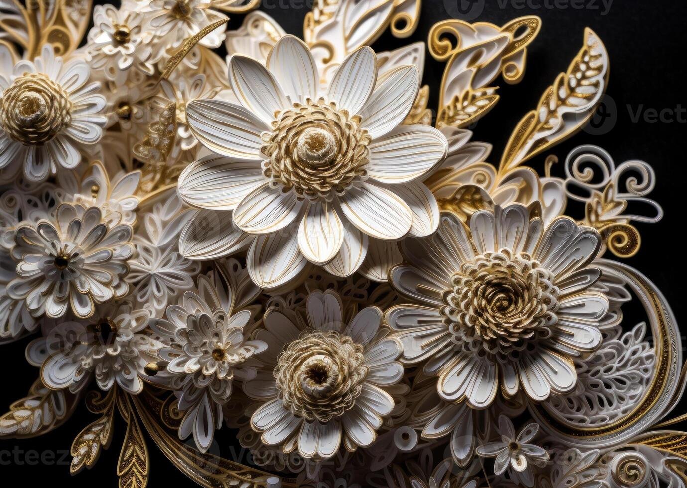 Paper made flowers Quilling craft technic white and gold abstract background lines Created with technology photo