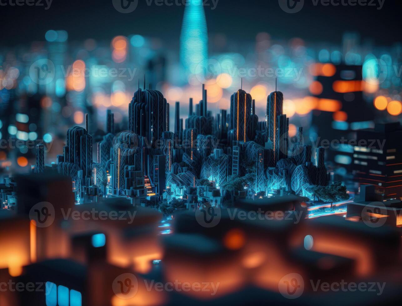 futurista ciudad paisaje paisaje urbano isométrica ver noche ciudad creado con generativo ai tecnología foto