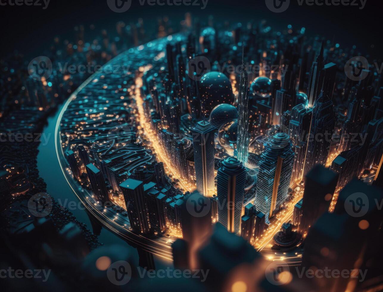 Futuristic city landscape cityscape isometric view Night city Created with technology photo