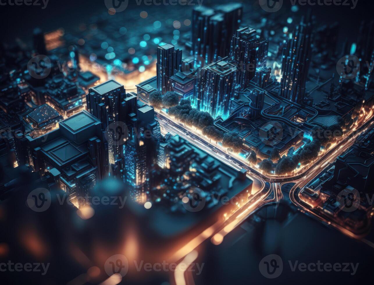Futuristic city landscape cityscape isometric view Night city Created with technology photo