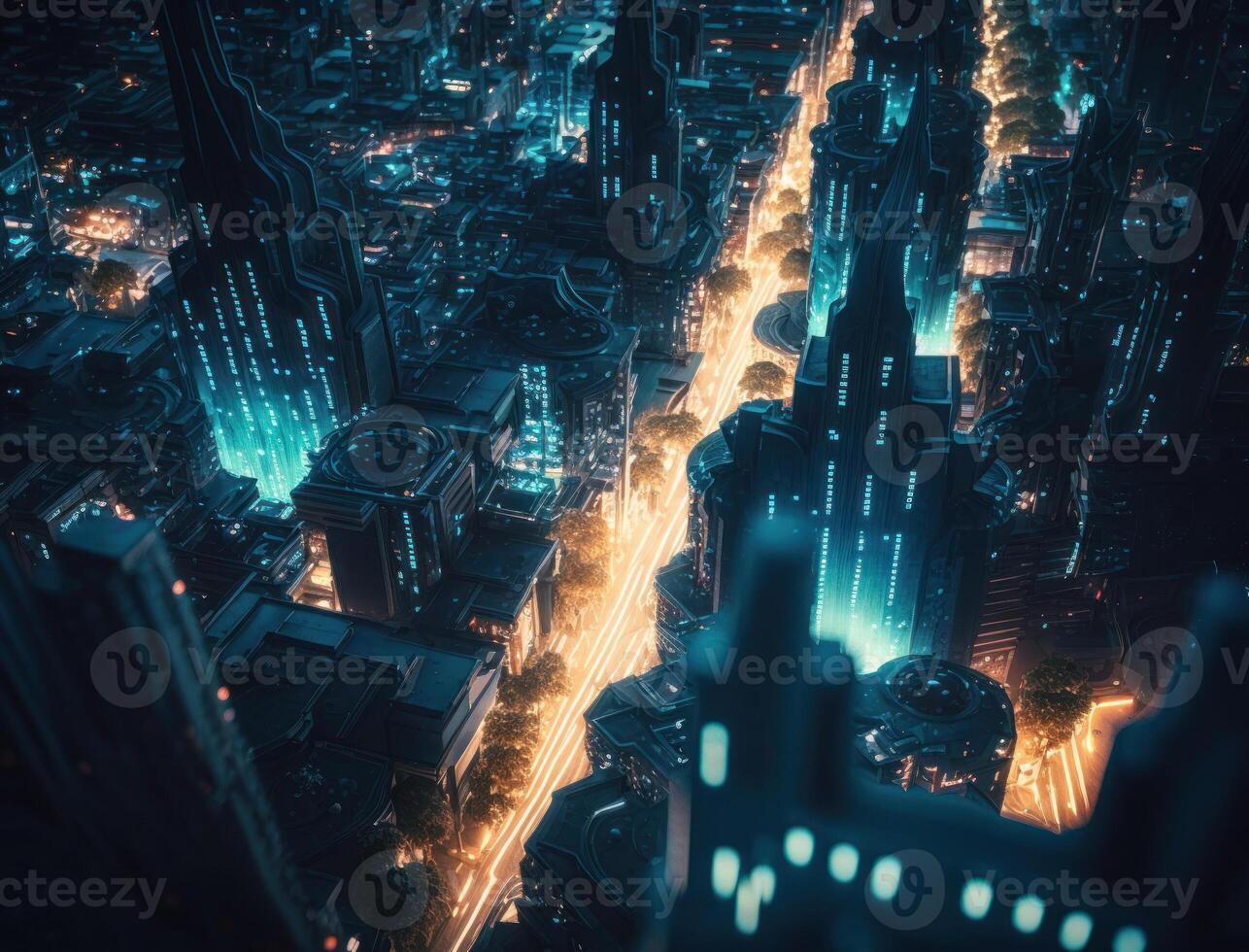 Futuristic city landscape cityscape isometric view Night city Created with technology photo