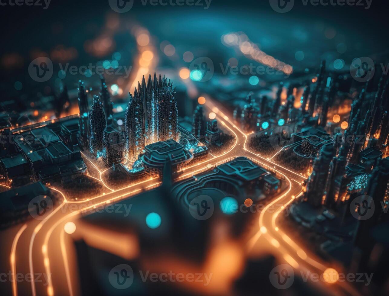 Futuristic city landscape cityscape isometric view Night city Created with technology photo