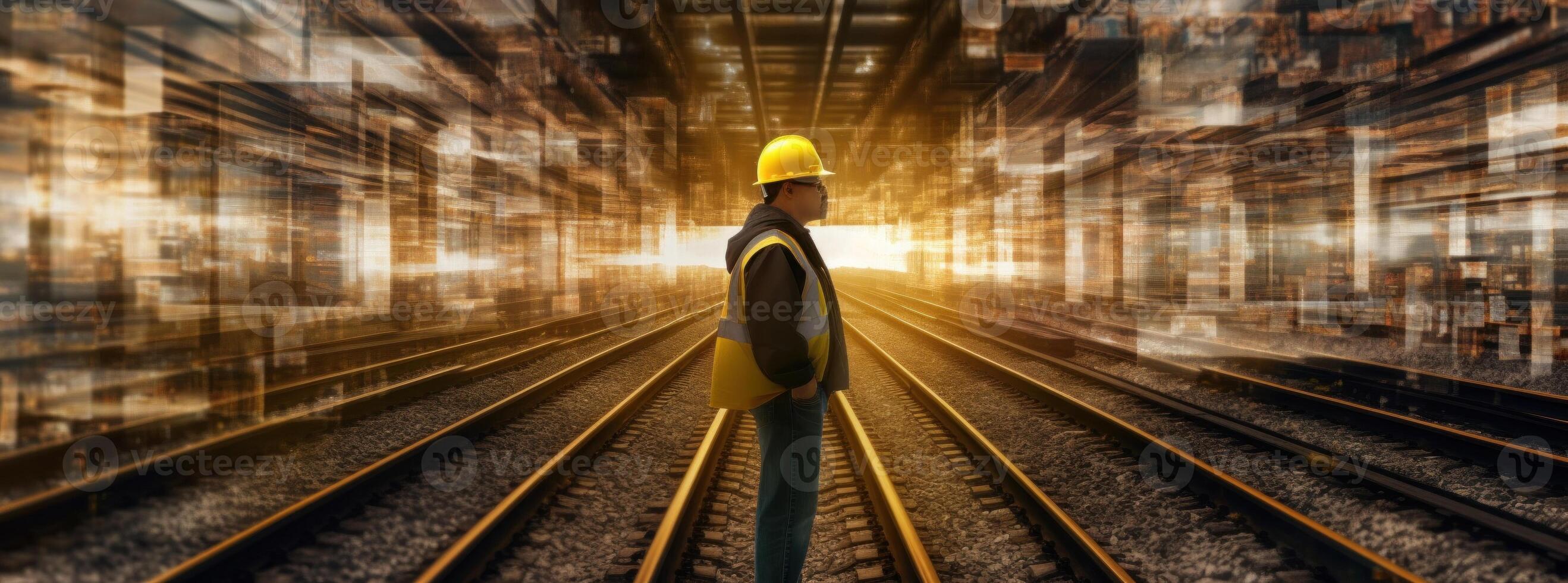 Man in construction gear is standing behind train tracks. Illustration photo