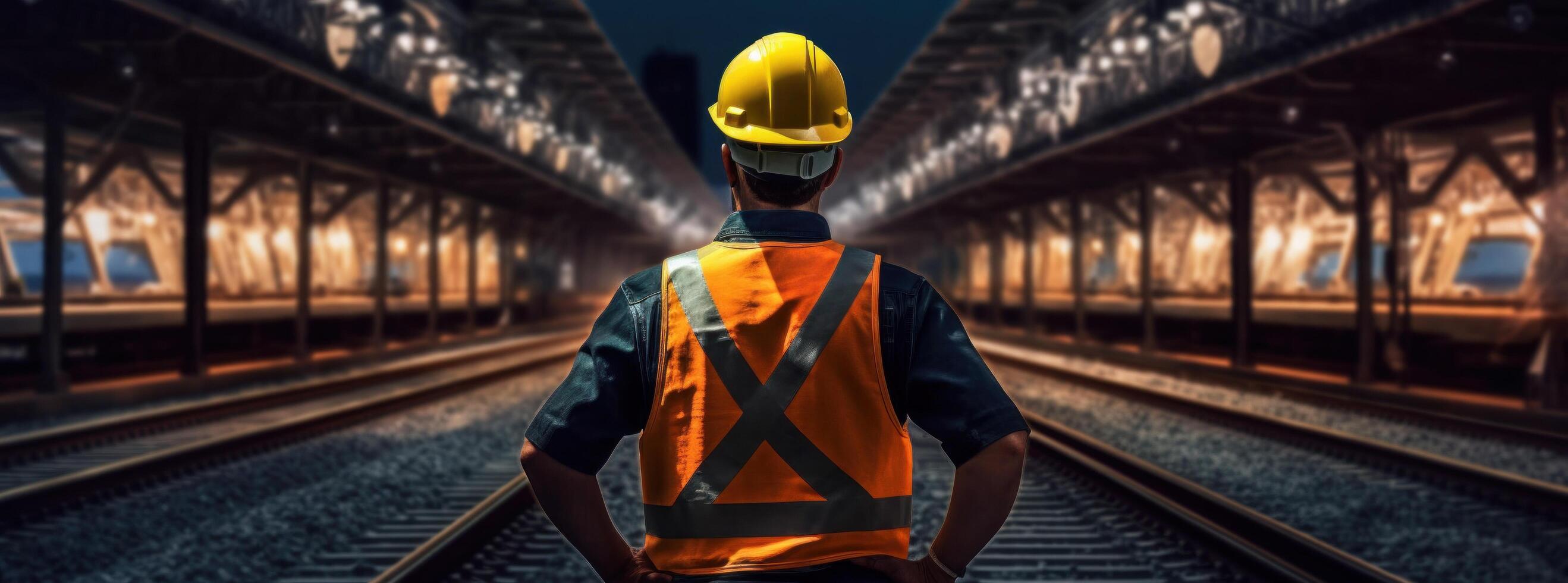 Man in construction gear is standing behind train tracks. Illustration photo