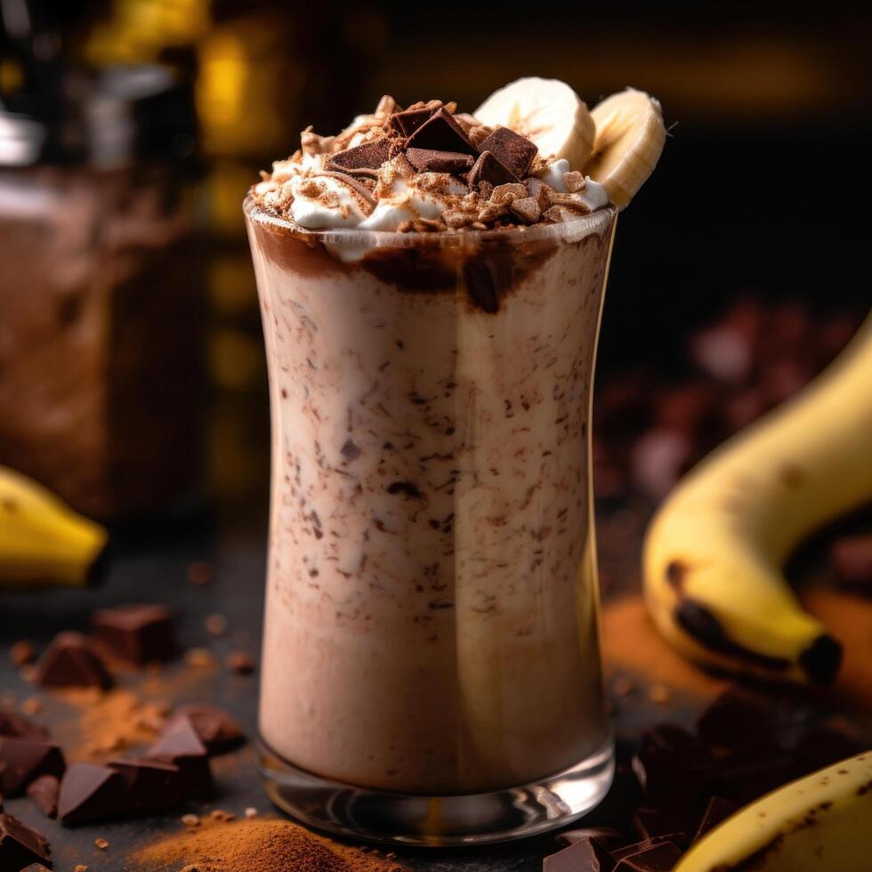 Chocolate oatmeal and banana milkshake smoothie. Illustration photo