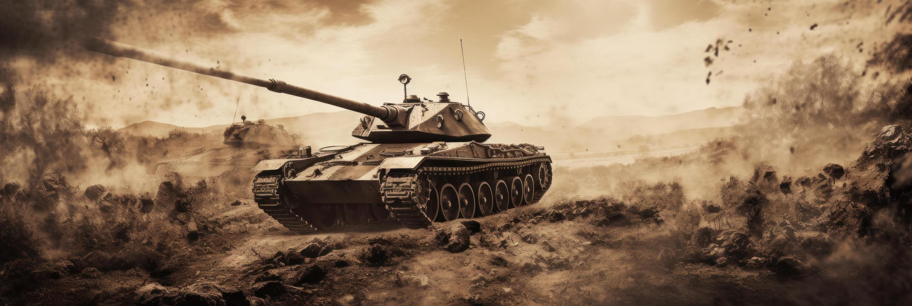 antiguo tanque en el desierto, en el estilo de intenso acción escenas, ilustración ai generativo foto