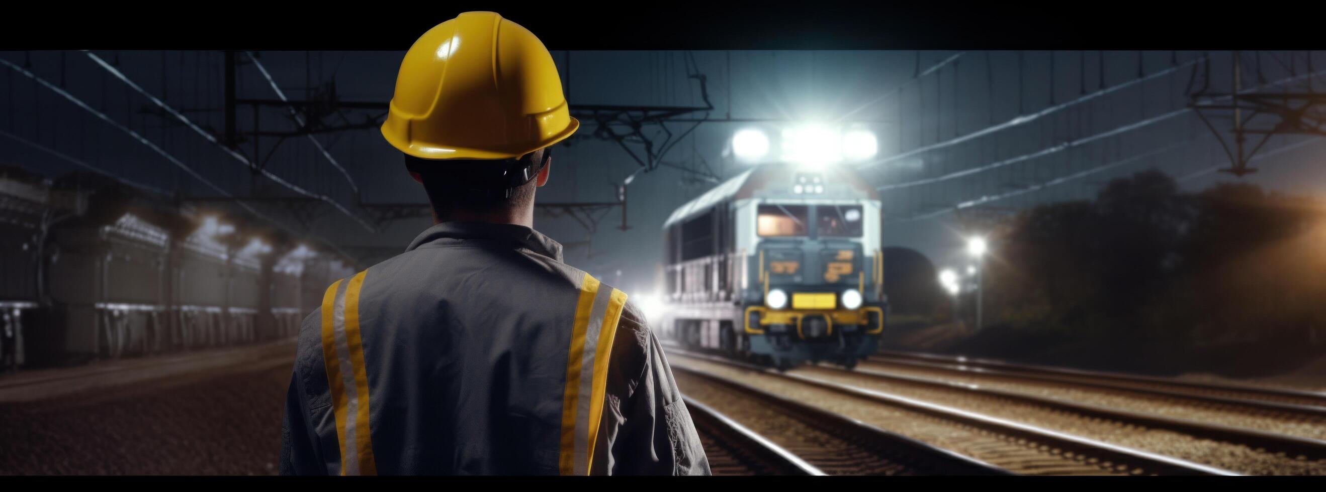 Man in construction gear is standing behind train tracks. Illustration photo