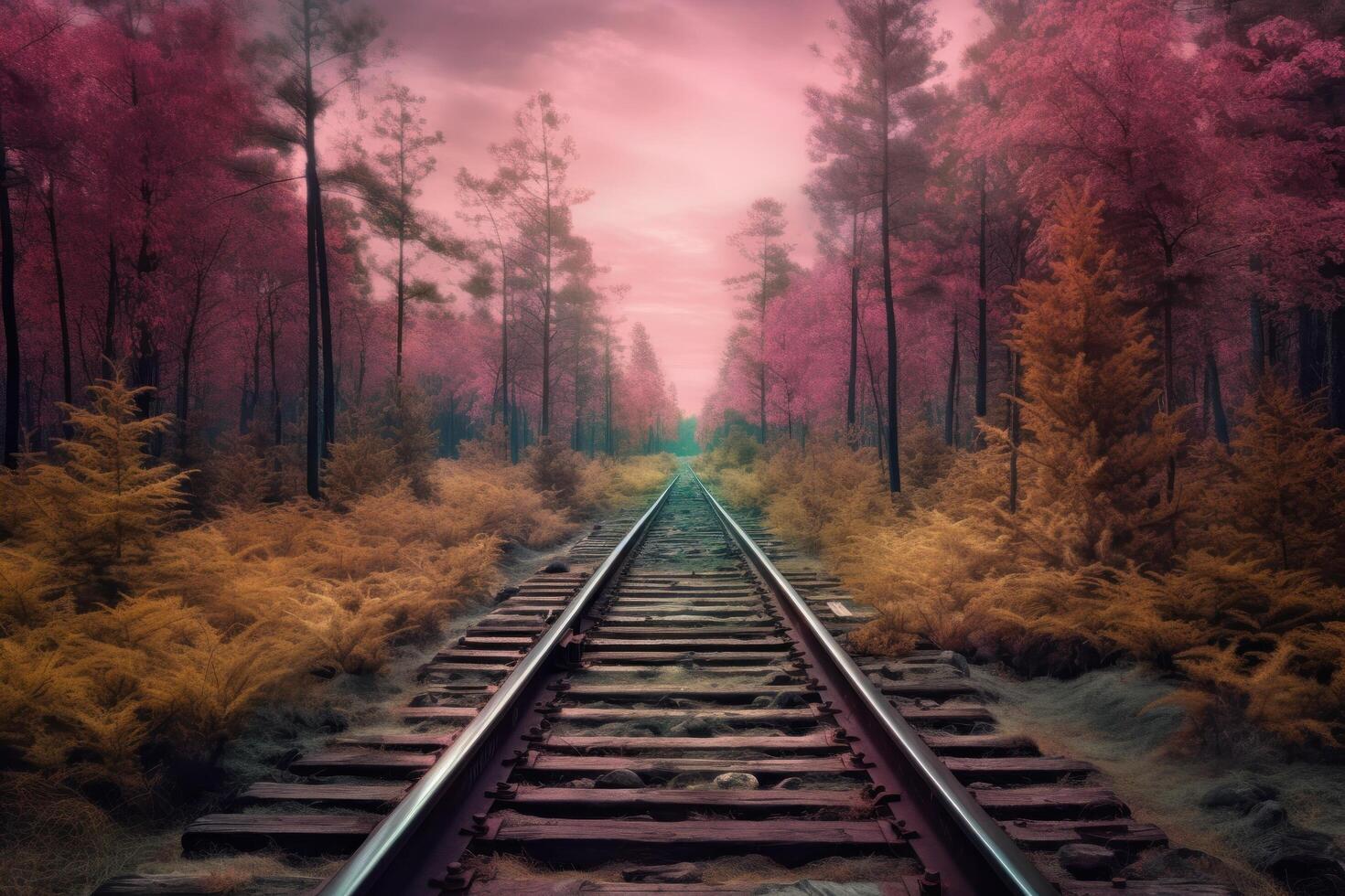 Railroad tracks in a forest landscape. Illustration photo