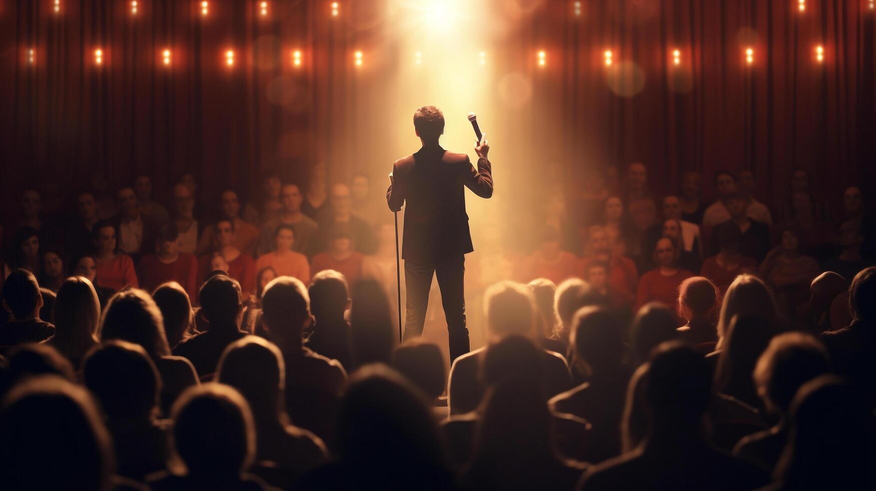 A speaker with microphone in front of audiences. Comedy music and theater live performance, photo