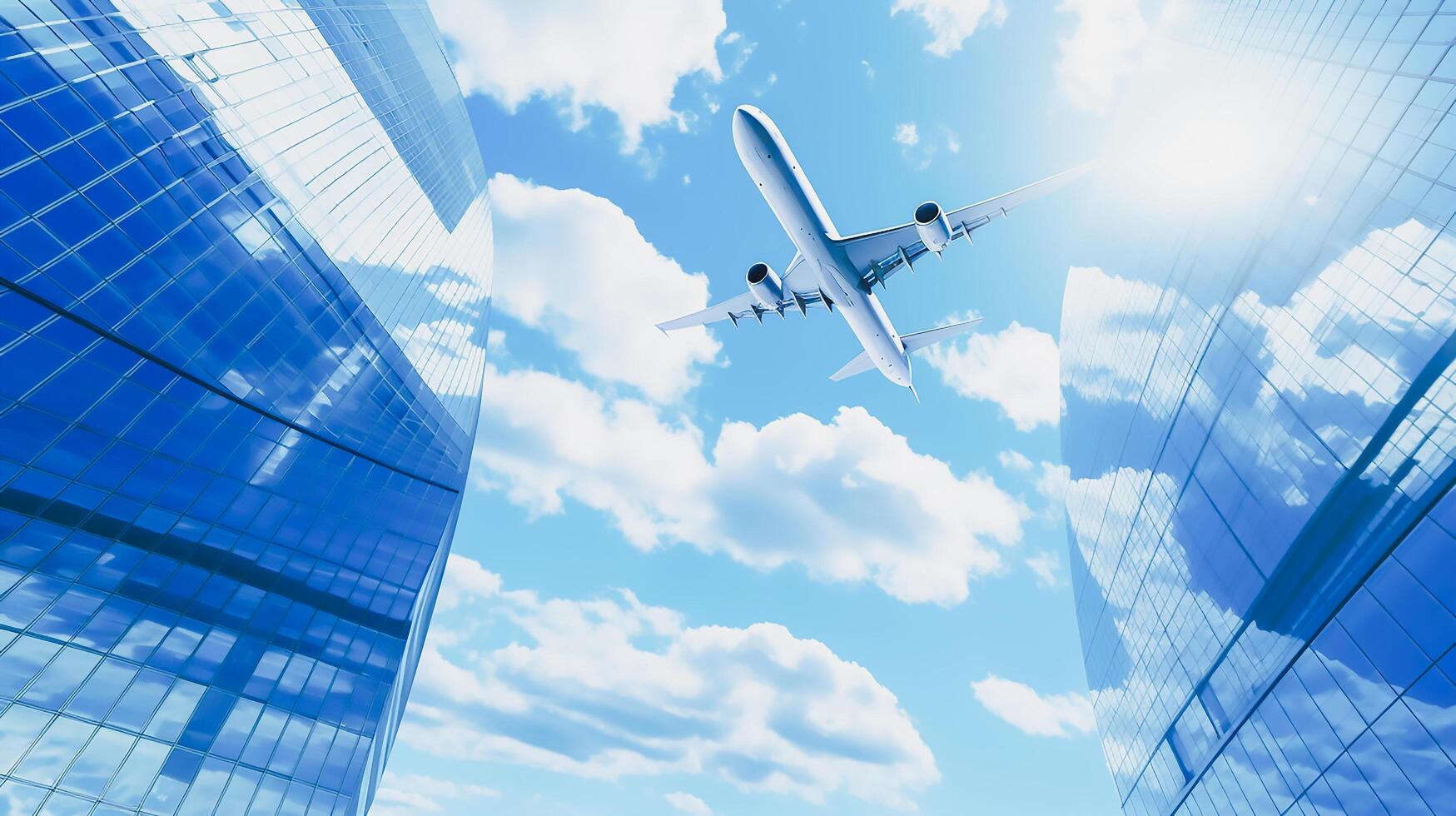 modern skyscrapers, business office buildings with airplane over tower with blue sky, photo