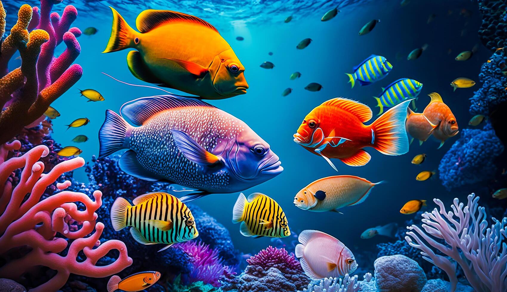 grupo de vistoso pescado y mar animales con vistoso coral submarino en océano, generativo ai foto