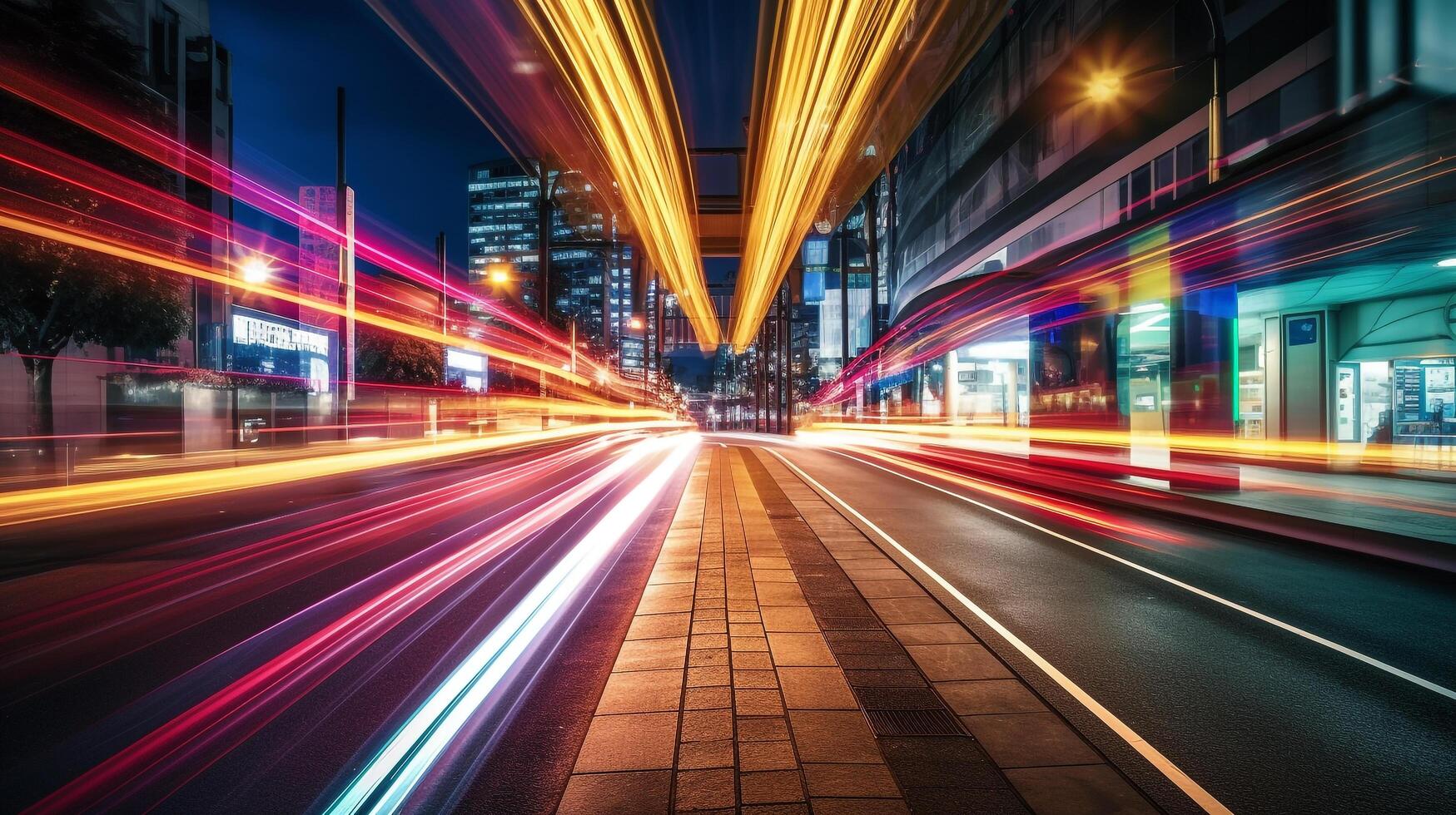 abstract long exposure dynamic speed light on road in city, photo