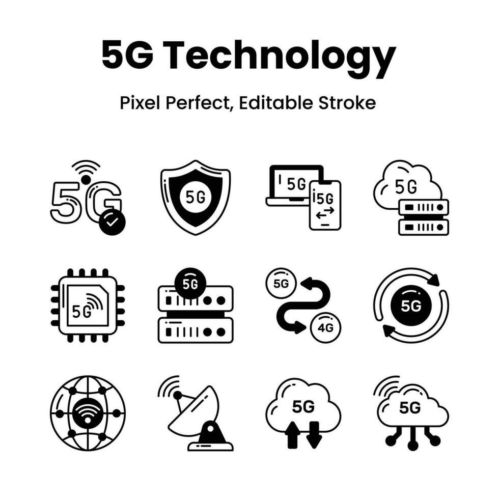 Unleash creativity with our 5G network icons empower your visuals with sleek and modern icons that symbolize the power of high-speed connectivity. vector