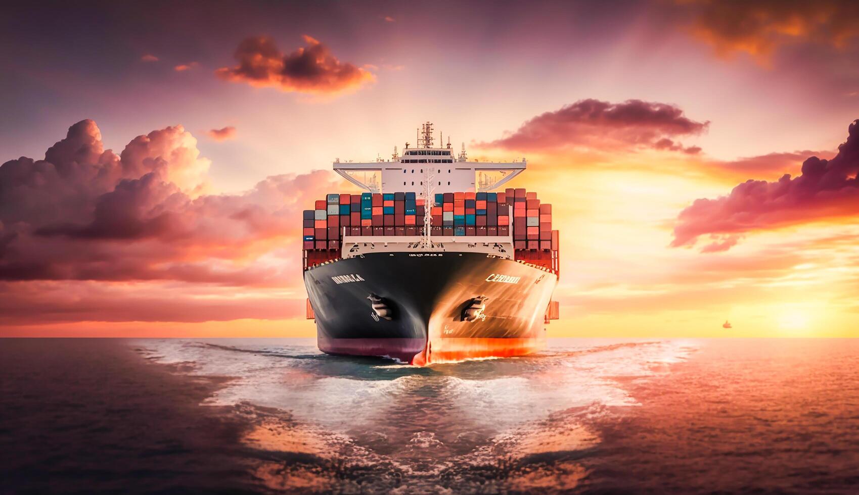 Container ship on ocean, Business logistic import - export transport front view in sunset, photo